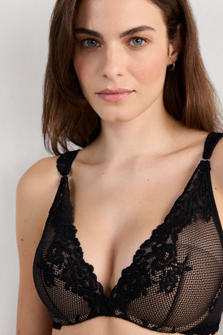 Floral Lace Balconette Bra Romantic Deep V Neckline